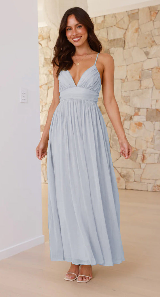 Blue Plunge Neck Flowy Maxi