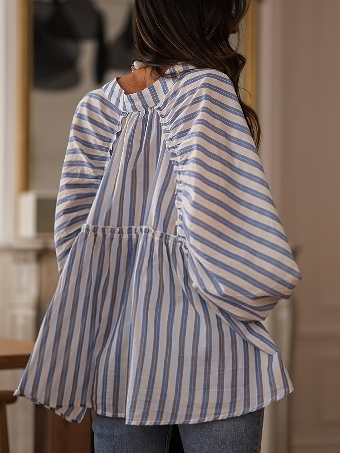 Blue Bishop Sleeve Striped Top