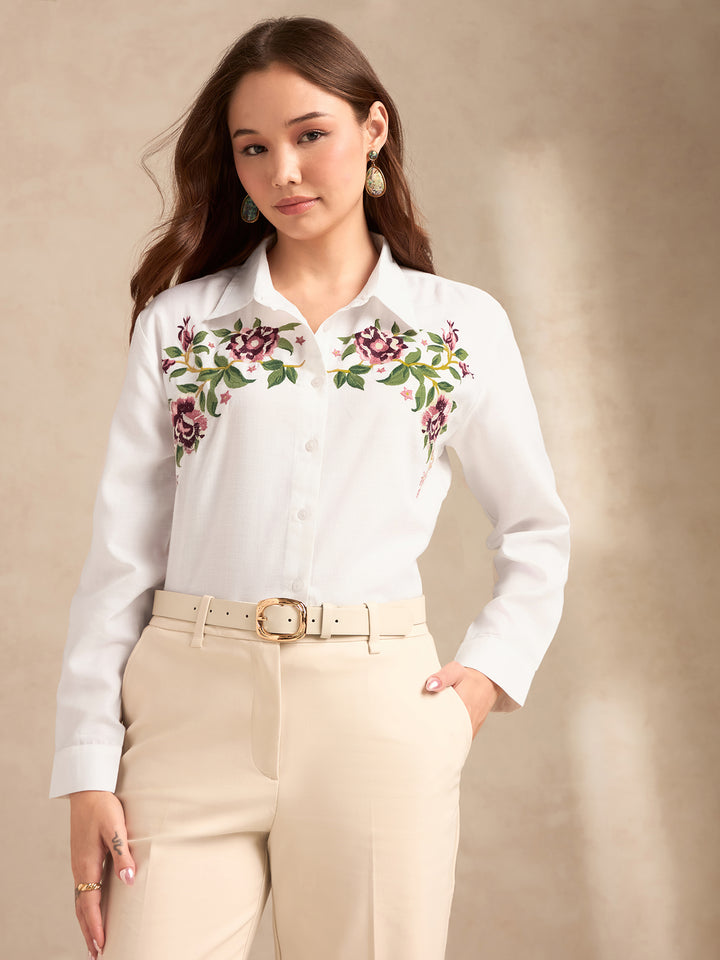 Off White Boxy Shirt With Embroidery Detail