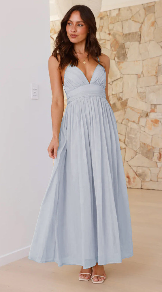 Blue Plunge Neck Flowy Maxi