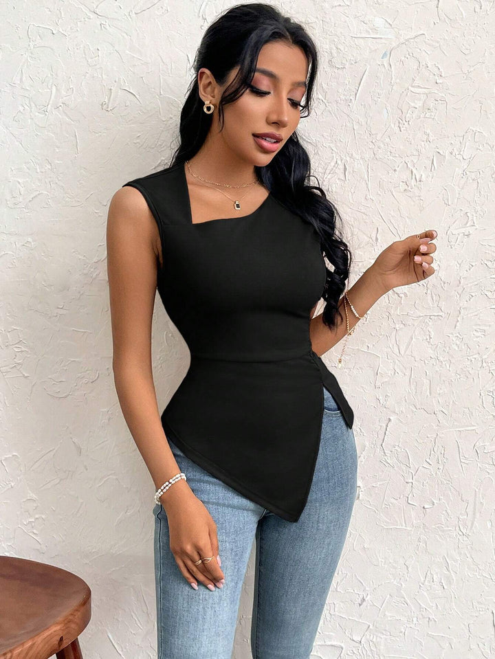 Black Short Sleeve Cut-Out Detail Asymmetrical Top