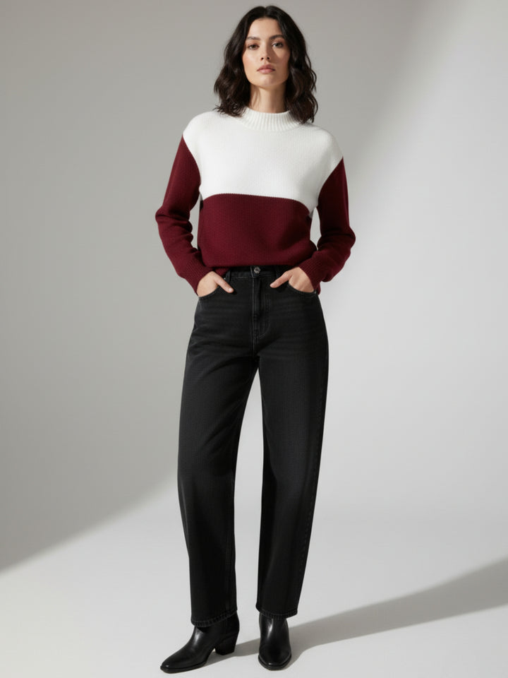 Maroon Full Sleeve Mock Neck Colour Block Sweater