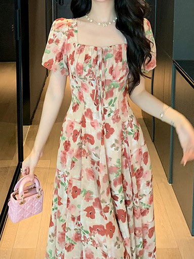 Pink Midi Dress With Puff Sleeve