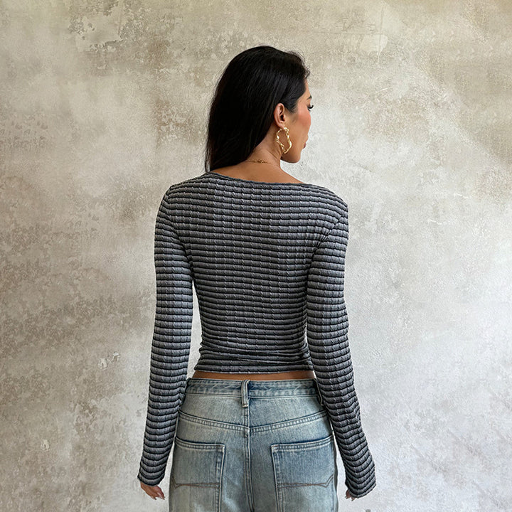 Grey Boat Neck Striped Textured Top