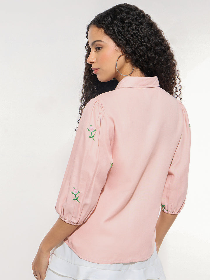 Pink Boxy Shirt With Embroidery Detail