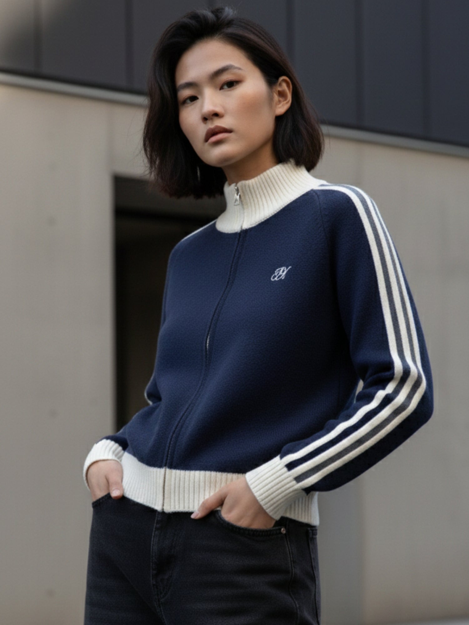 Navy Blue Full Contrast Sleeves Front Zip Jackets