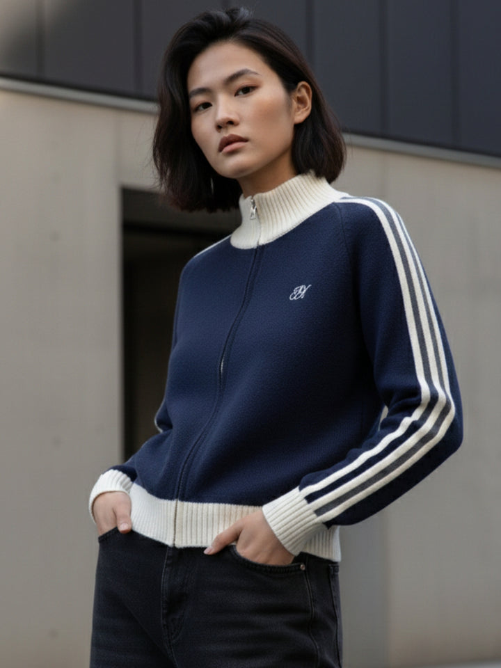 Navy Blue Full Contrast Sleeves Front Zip Jackets