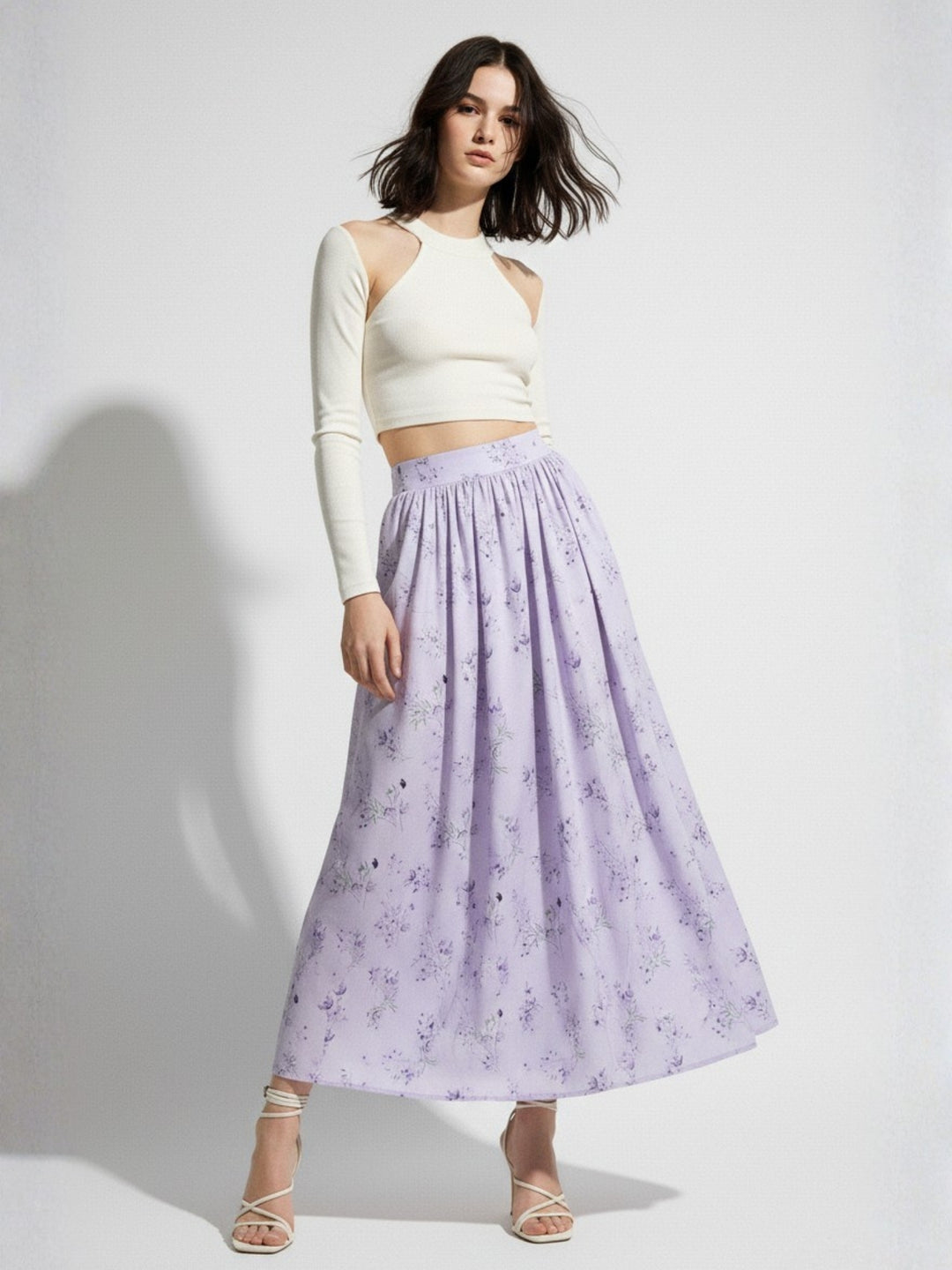 Purple Floral Printed Flared Skirt