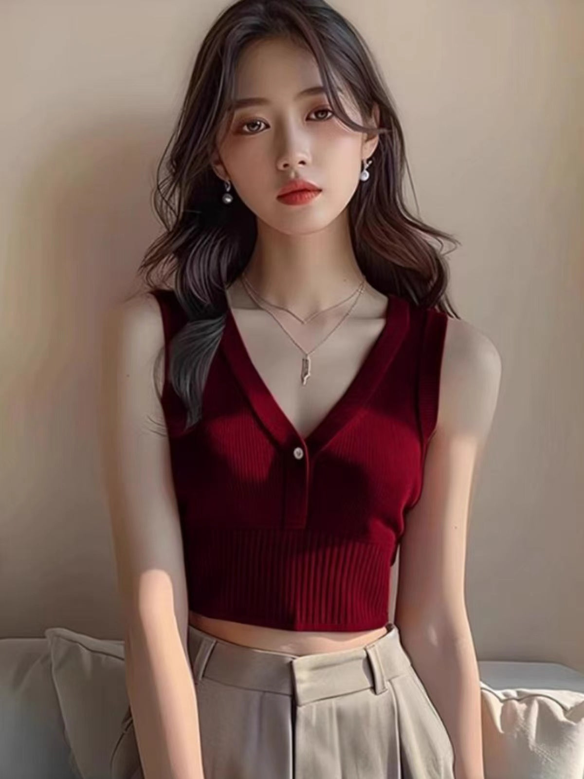 Red Plunge Neck Tank Top
