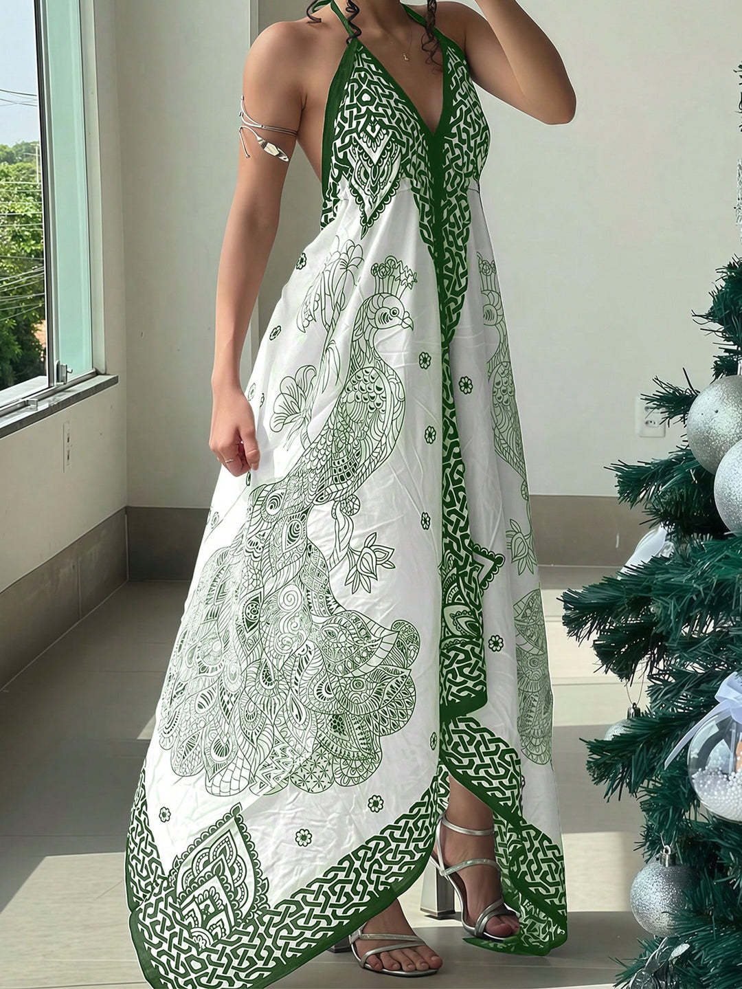 Green Printed Halter Neck Backless Dress