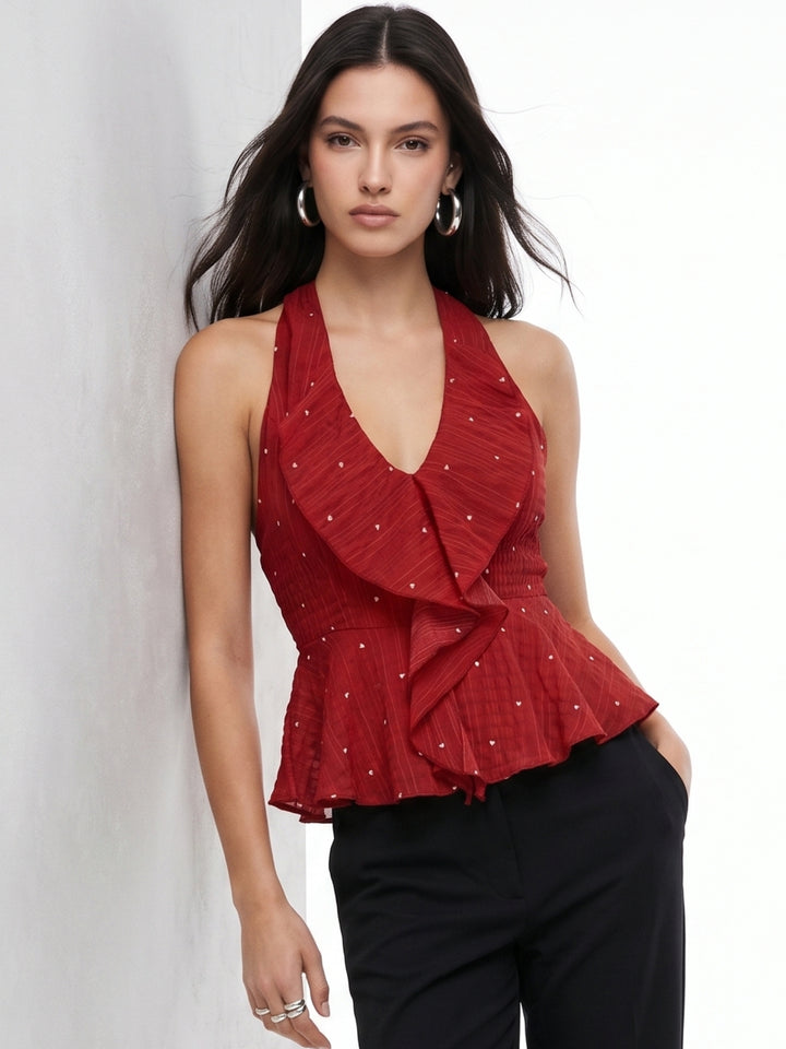 Red Heart Printed Halter Neck Top With Ruffles