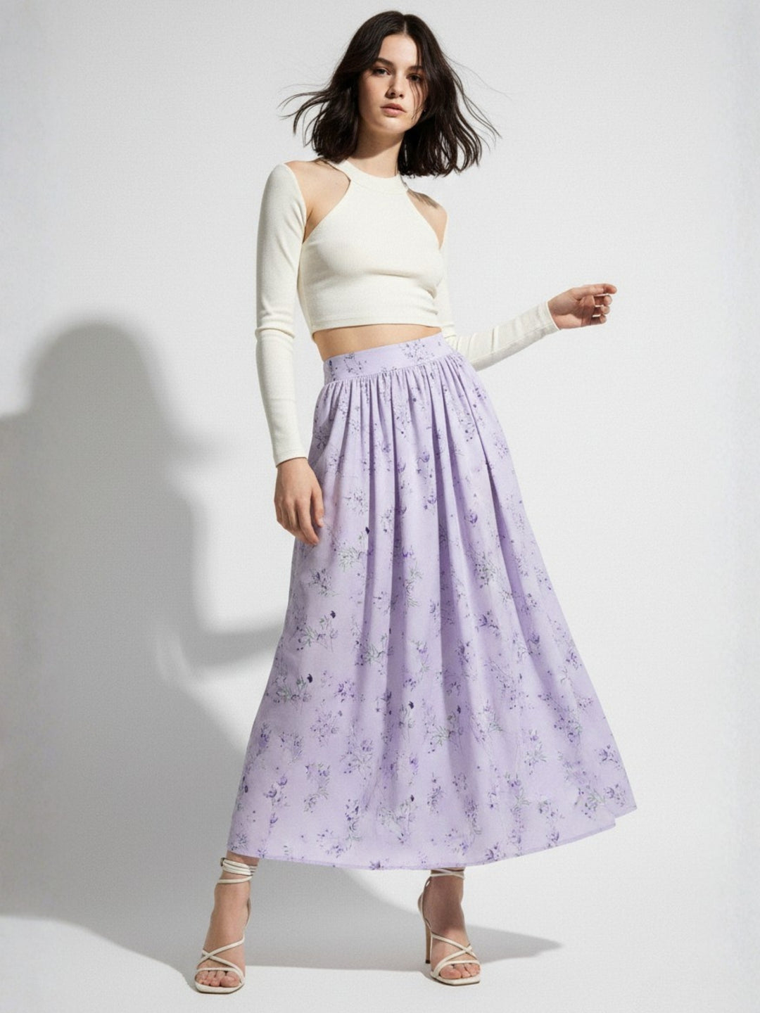 Purple Floral Printed Flared Skirt