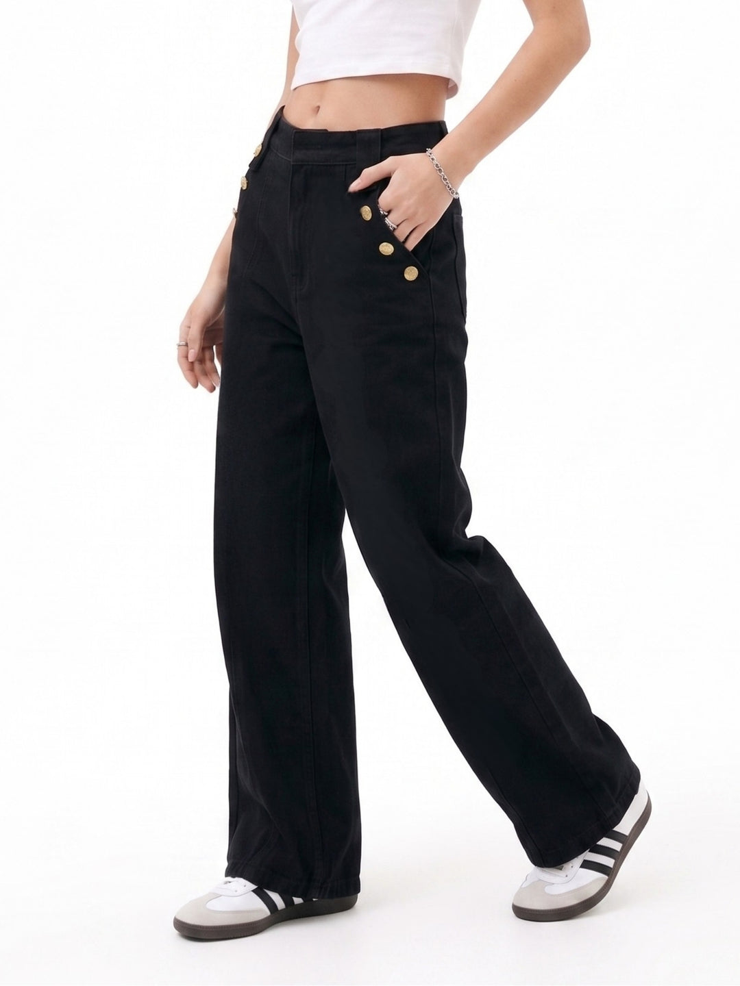 Black Slant Buttoned Pocket Wide Leg Jeans