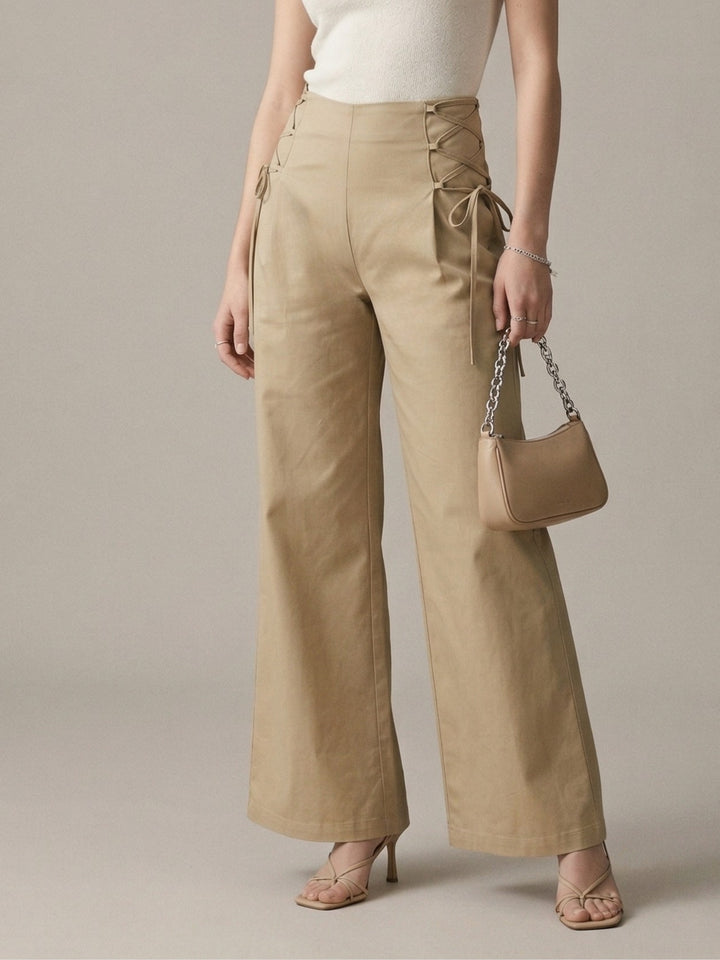 Beige High Waist Side Tie Wide Leg Trousers