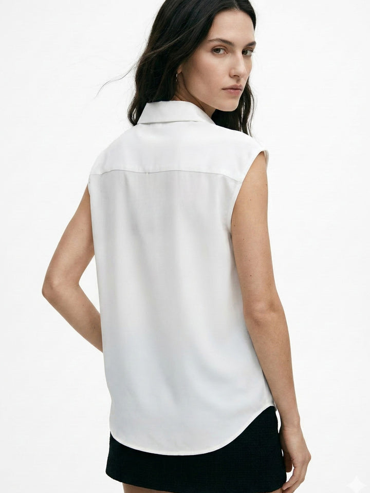 Off White Sleeveless Tie-Neck Blouse
