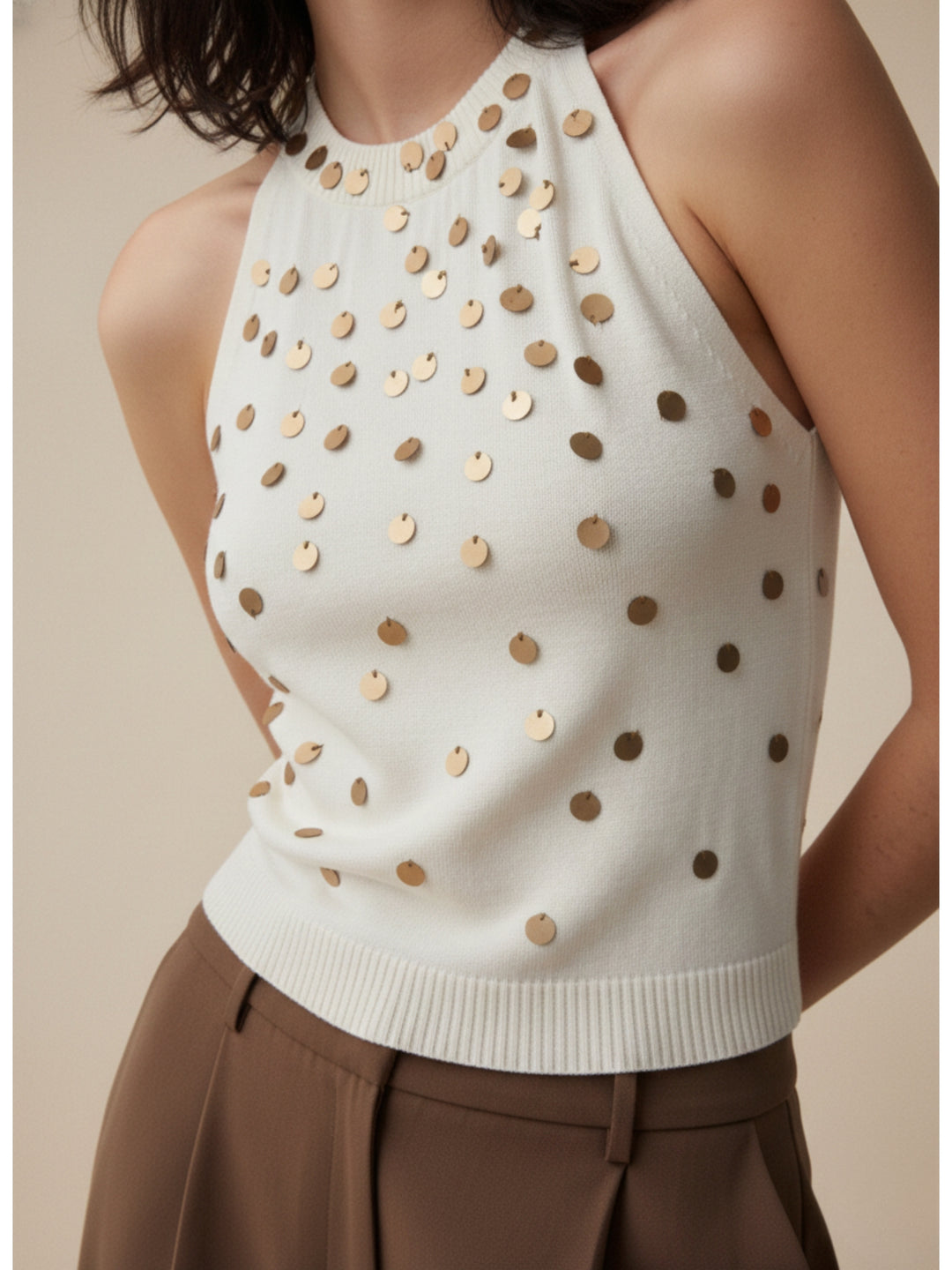 Off White Halter Neck Sequined Tank