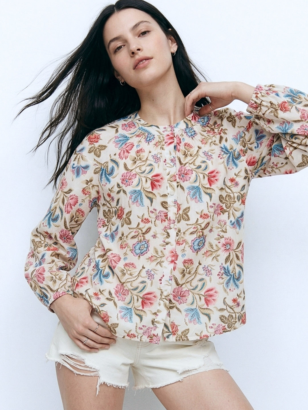 Multi Mandarin Neck Relaxed Printed Top
