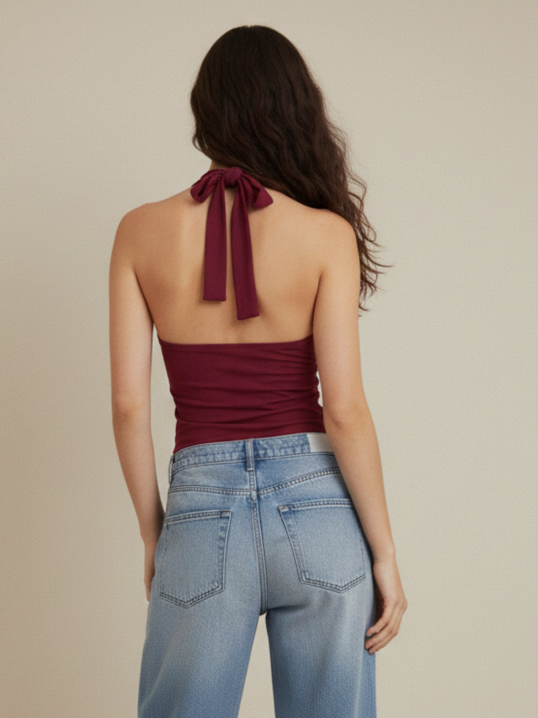 Red Halter Wrap Top With Metal Trim Top