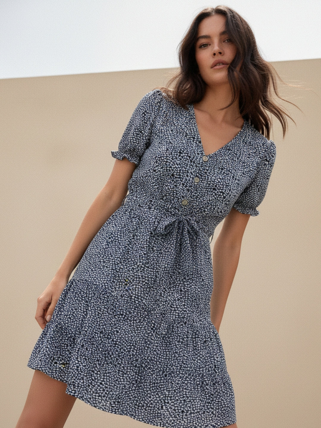 Blue Puff Sleeve Waist Tie-Up Dress