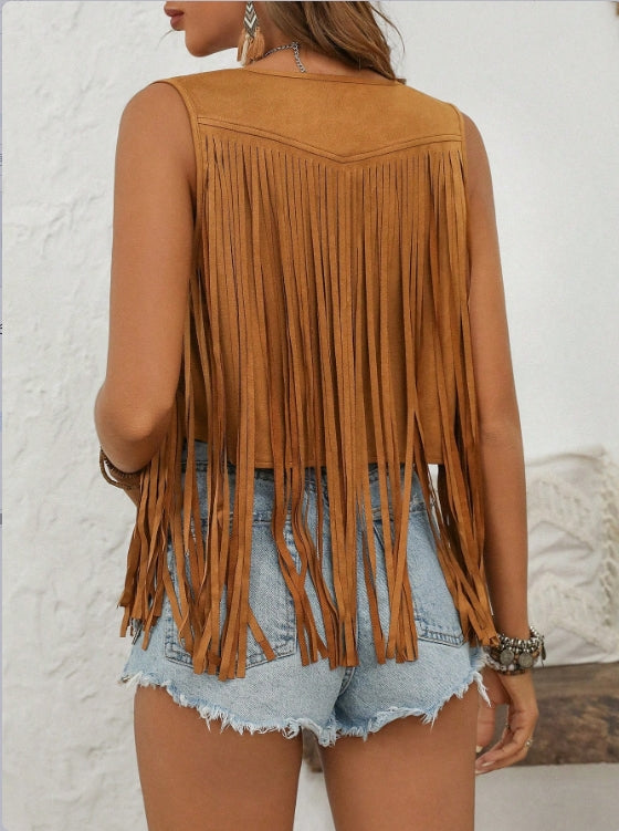 Brown Suede Shrug With Fringes