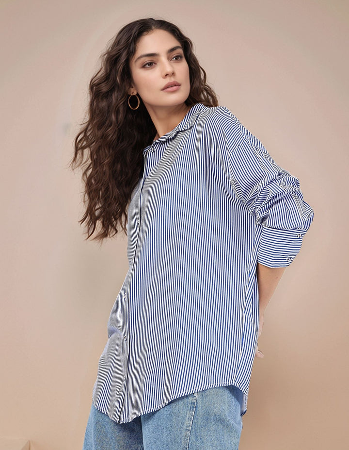 Blue Stripes Longline Collared Shirt