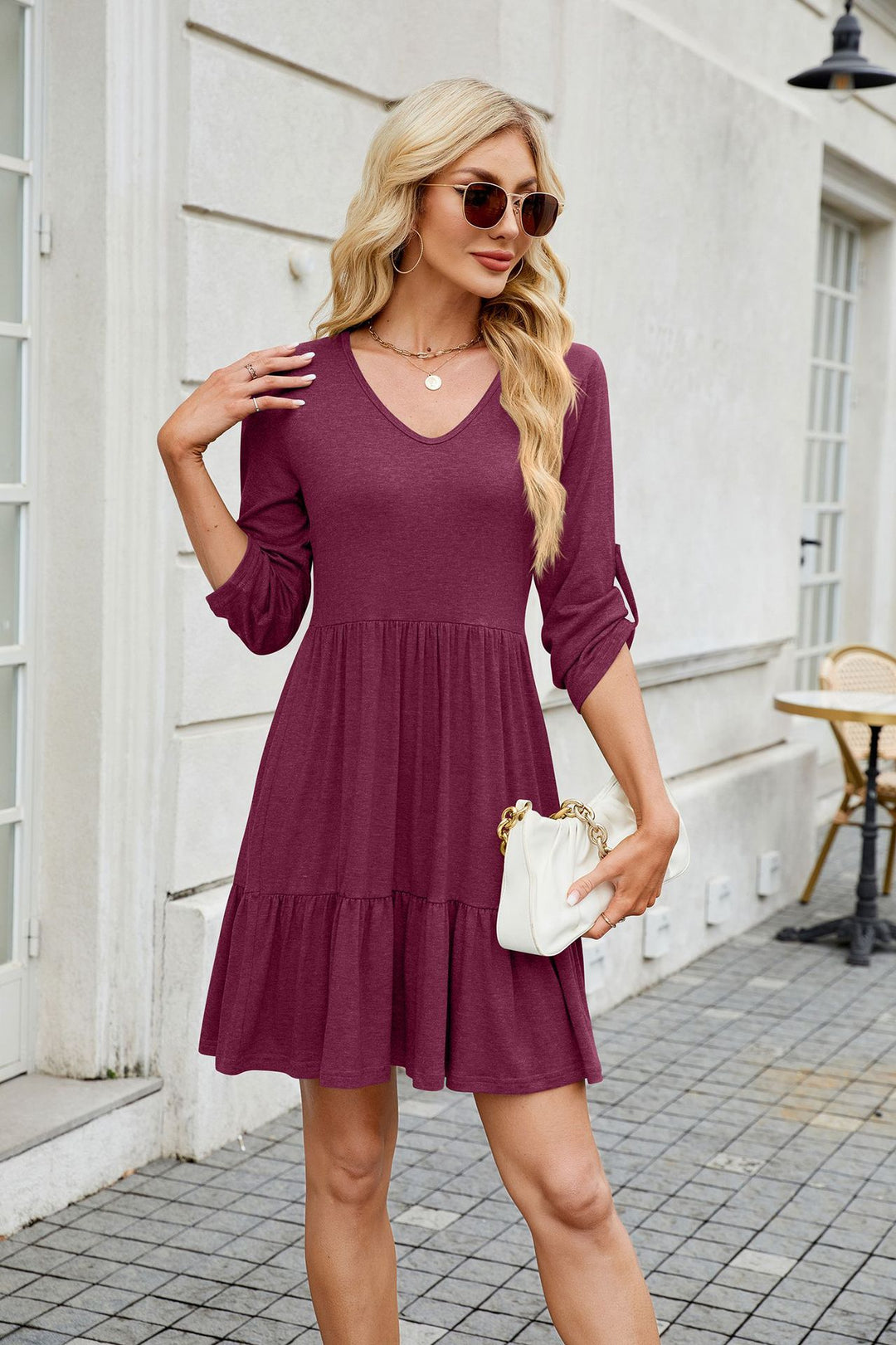 Maroon Button Up Sleeves Scoop Neck Dress