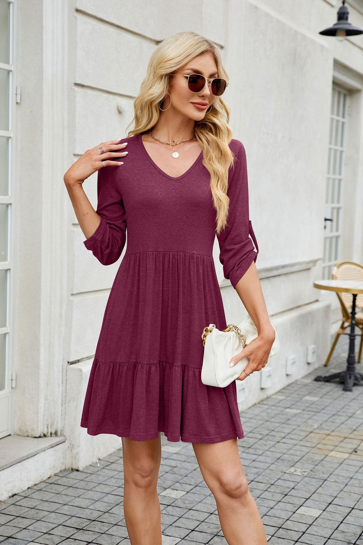 Maroon Button Up Sleeves Scoop Neck Dress