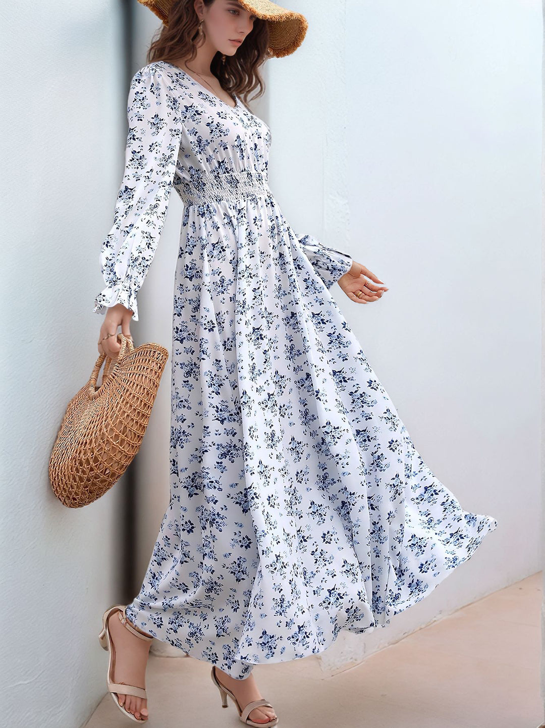 Blue Bishop Sleeve V Neck Printed Dress