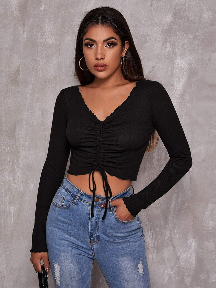 Black Plunge Neck Centre Ruched Top