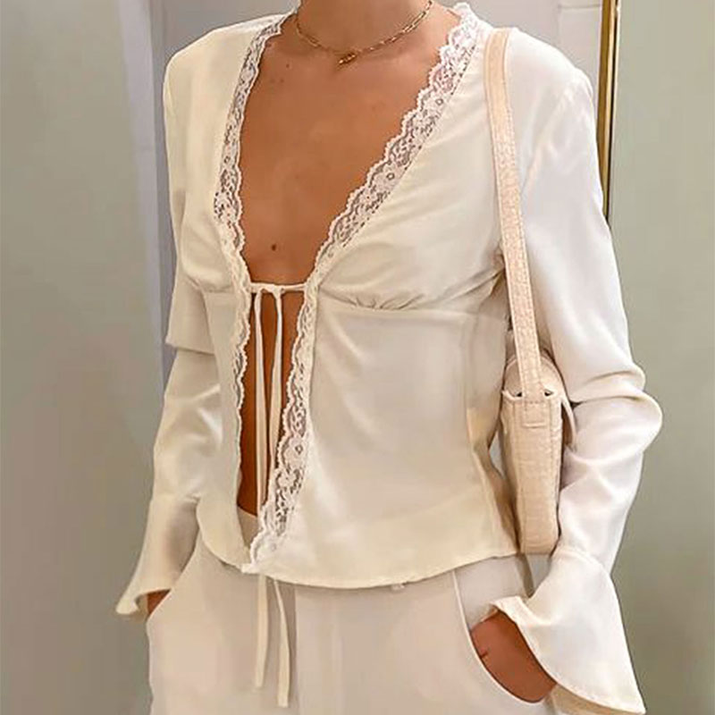 White Lace Insert Front Tie Up Shrug
