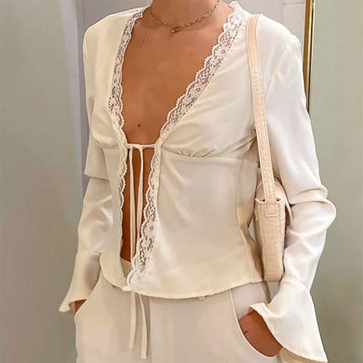 White Lace Insert Front Tie Up Shrug