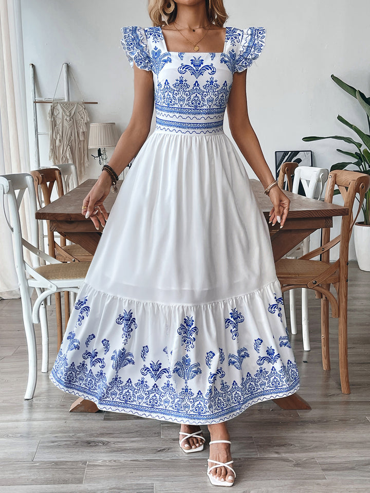 White Printed Flutter Sleeves Tiered Dress