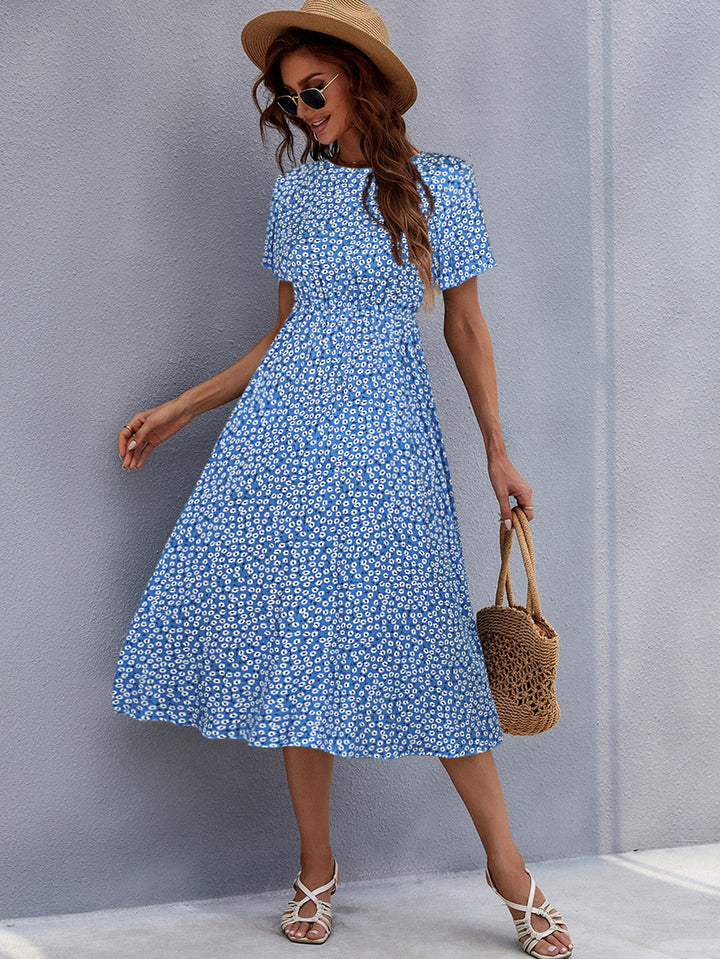 White Ditsy Print Waist Seam Fit And Flare Dress