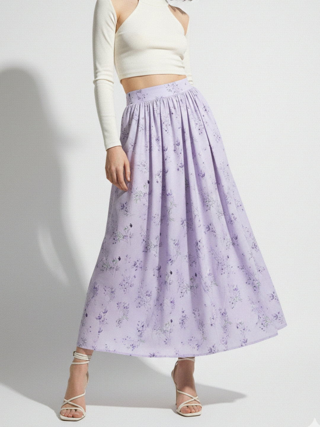 Purple Floral Printed Flared Skirt