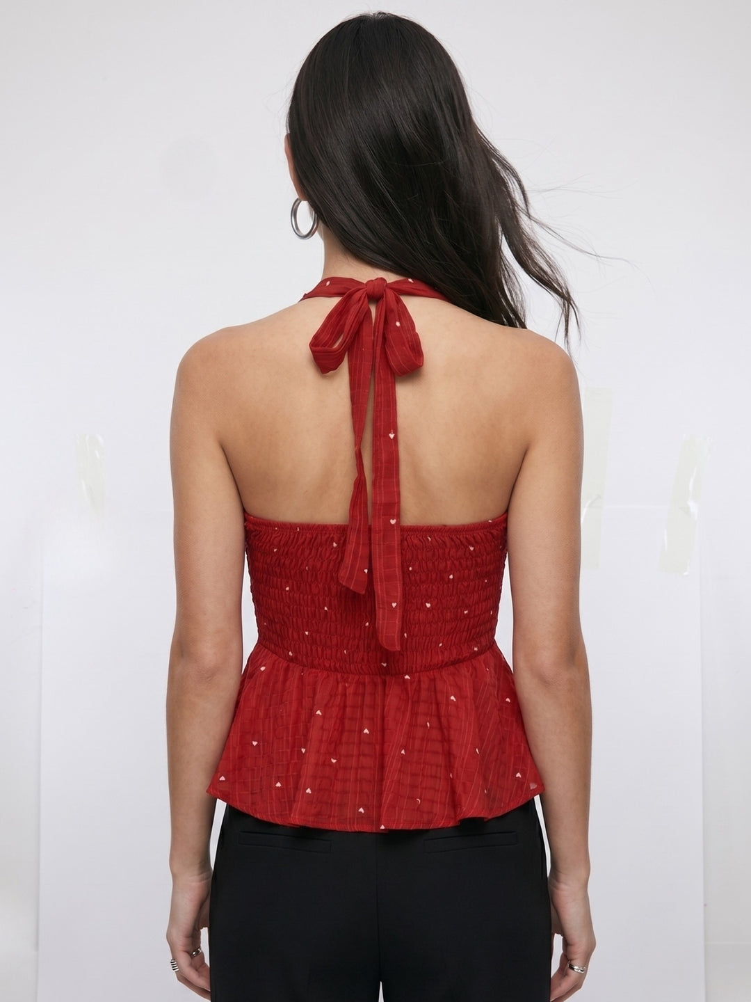Red Heart Printed Halter Neck Top With Ruffles