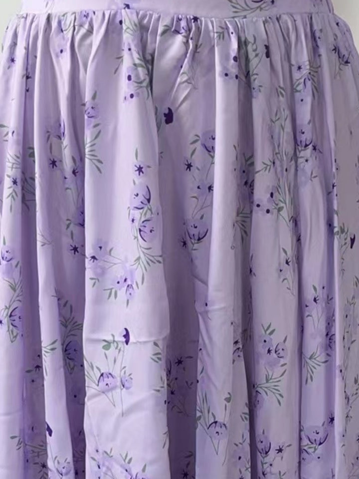 Purple Floral Printed Flared Skirt