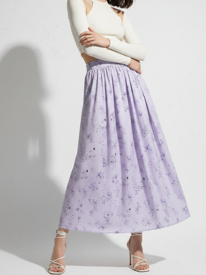 Purple Floral Printed Flared Skirt