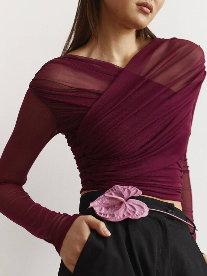 Wine Cross-Wrap Ruched Long-Sleeve Top