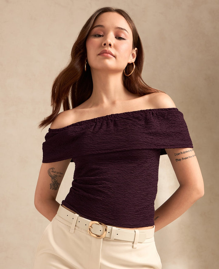 Wine Textured Off-Shoulder Rop