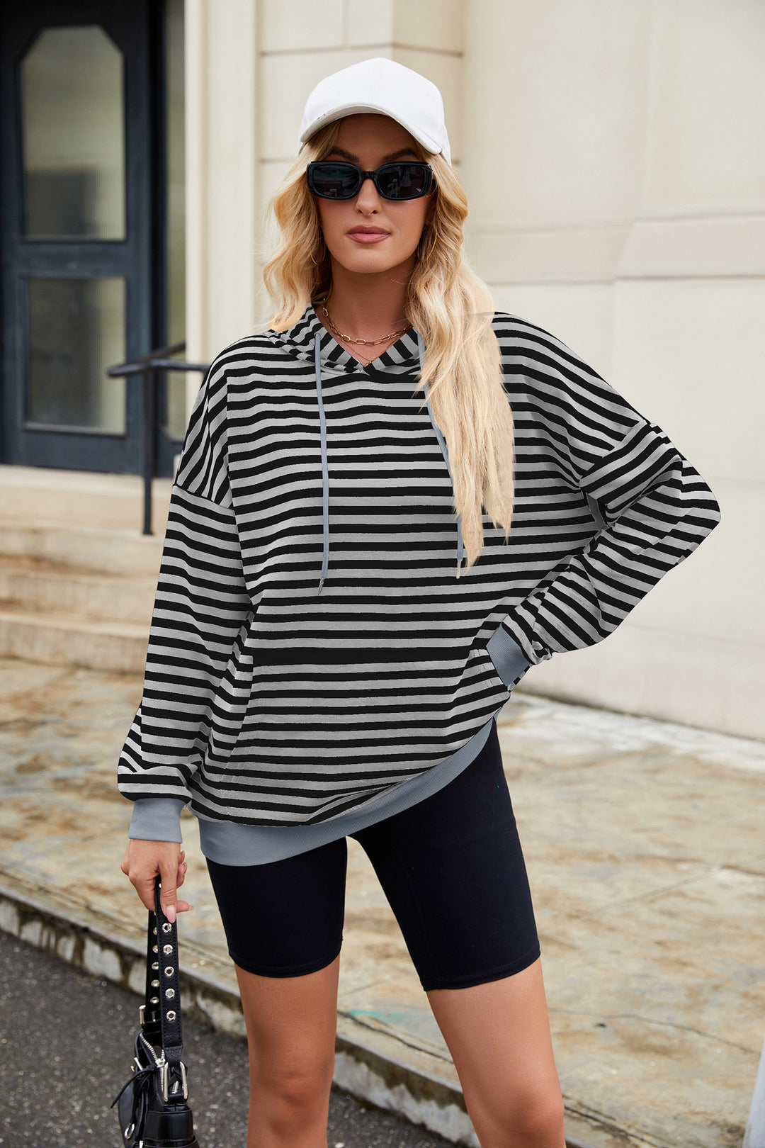 Blue Full Sleeve Stripes Hooded Sweatshirt