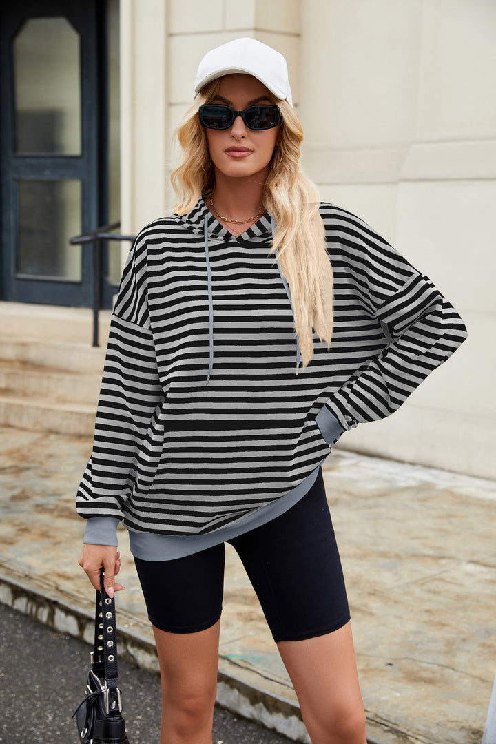 Blue Full Sleeve Stripes Hooded Sweatshirt