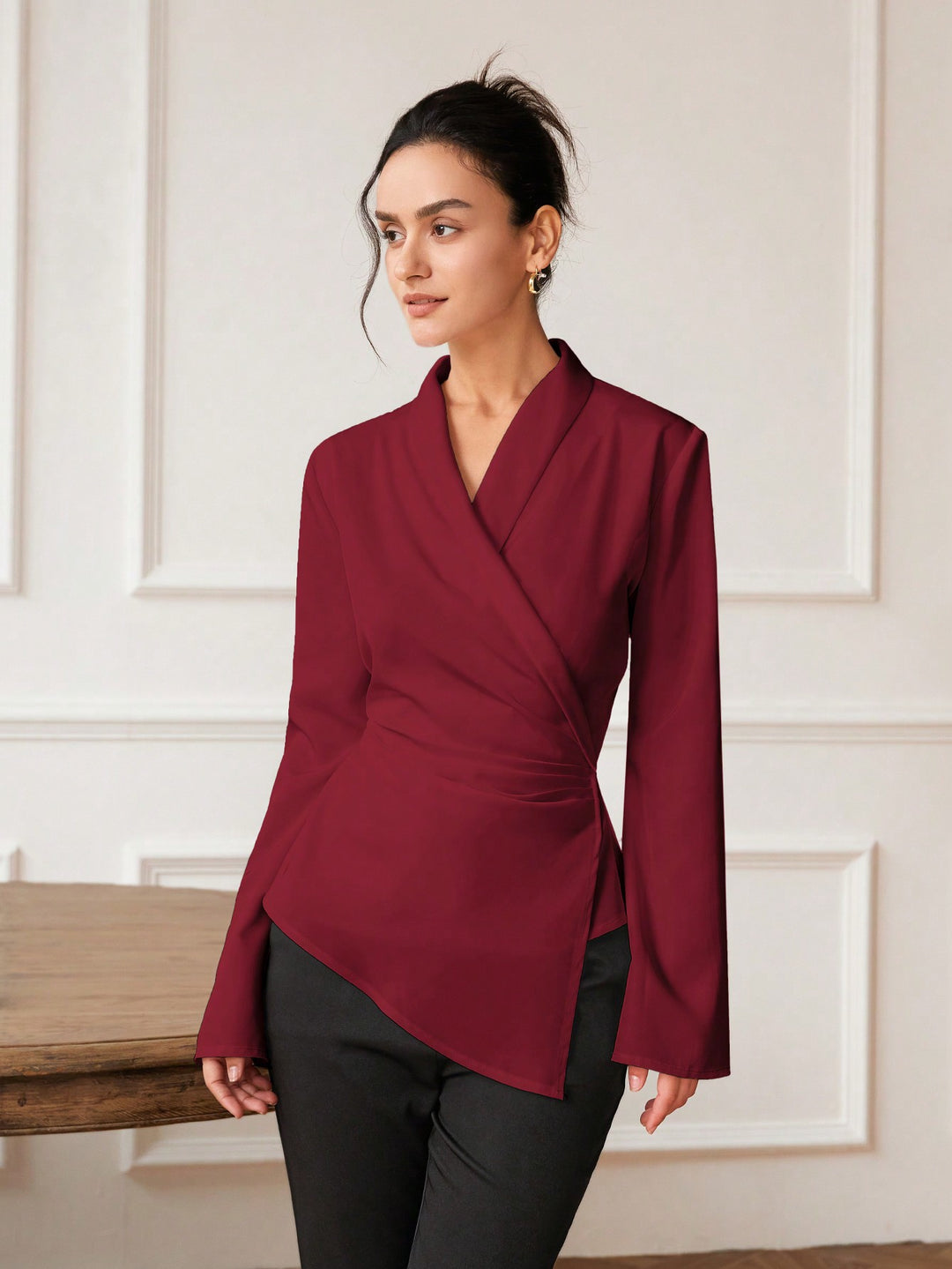 Maroon Bell Sleeve Wrapped Detail Top