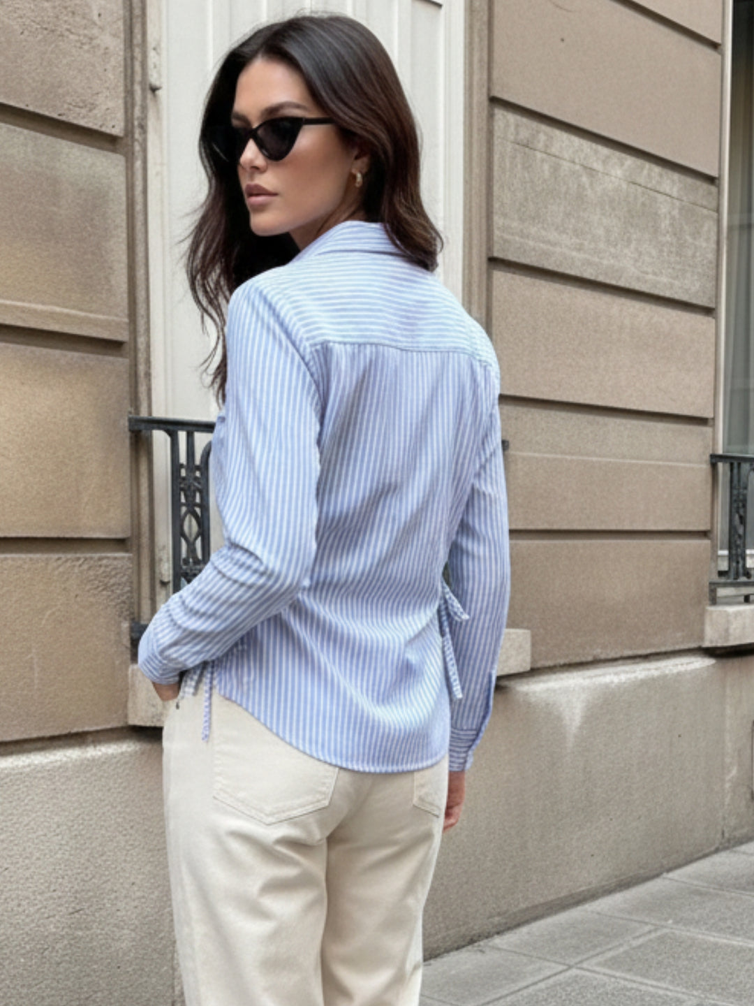 Blue Side-Tie Fitted Stripe Top