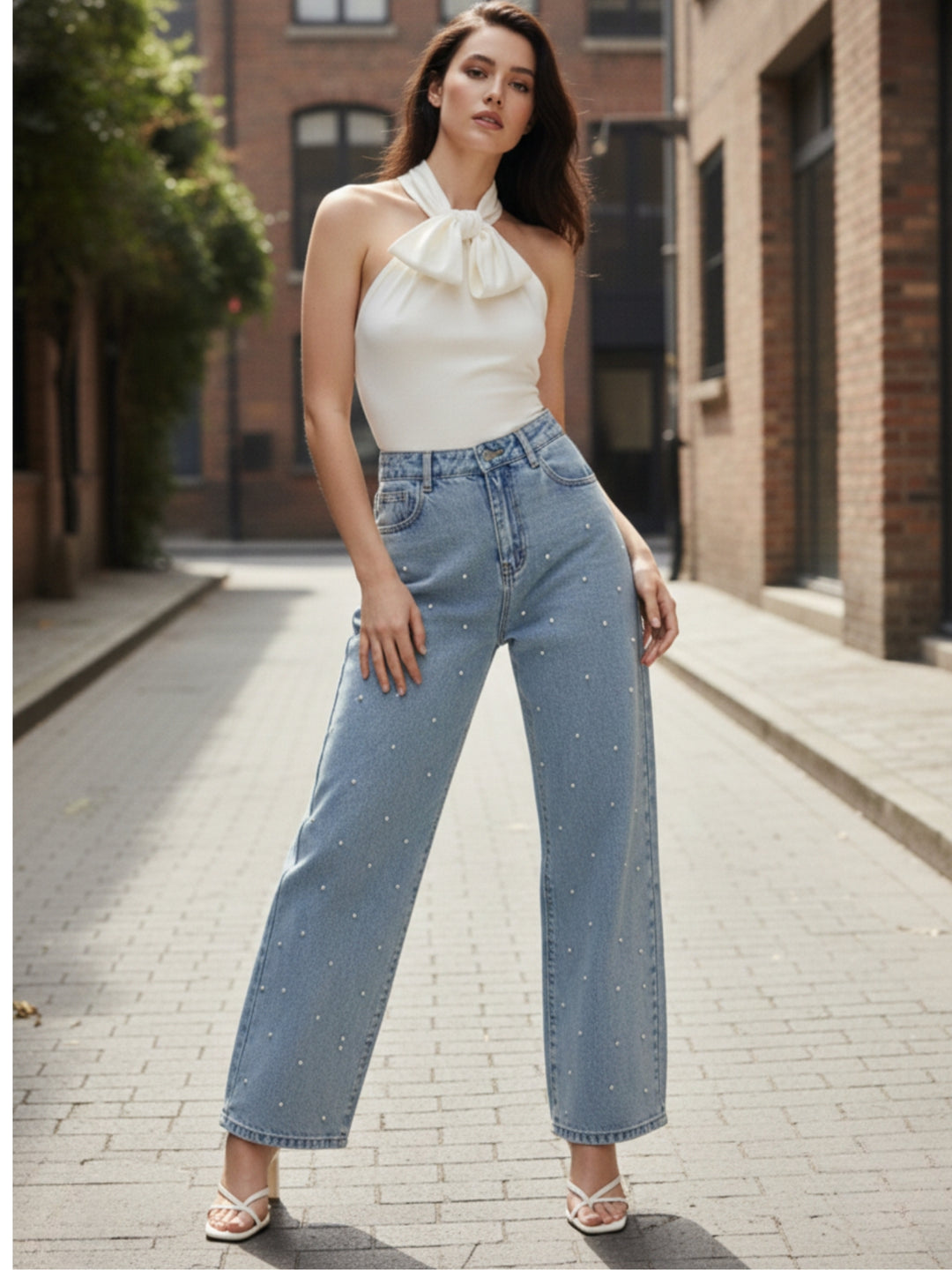 Light Blue Embellished Wide Leg  Denim Jeans