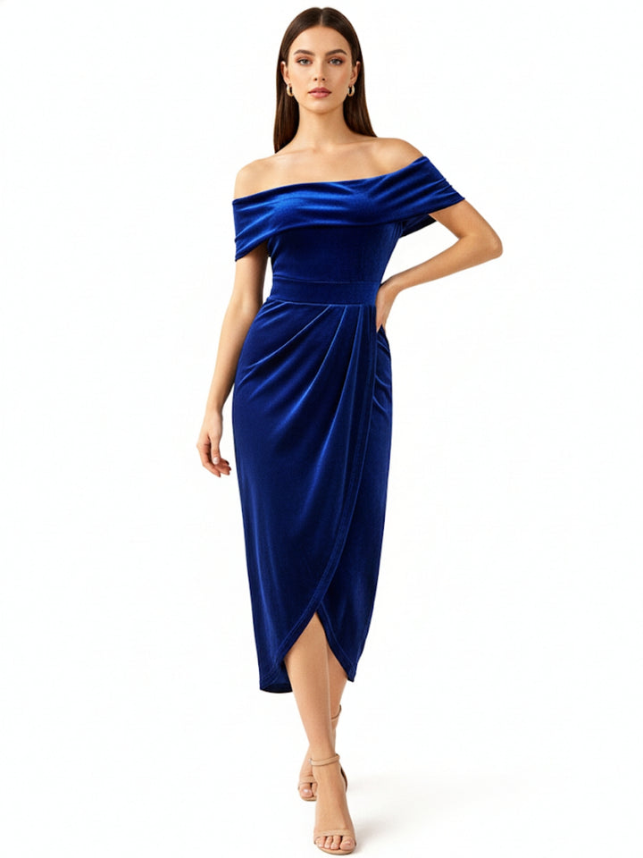 Navy Blue Off-Shoulder Wrap Hem Velour Dress