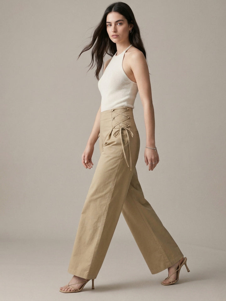 Beige High Waist Side Tie Wide Leg Trousers