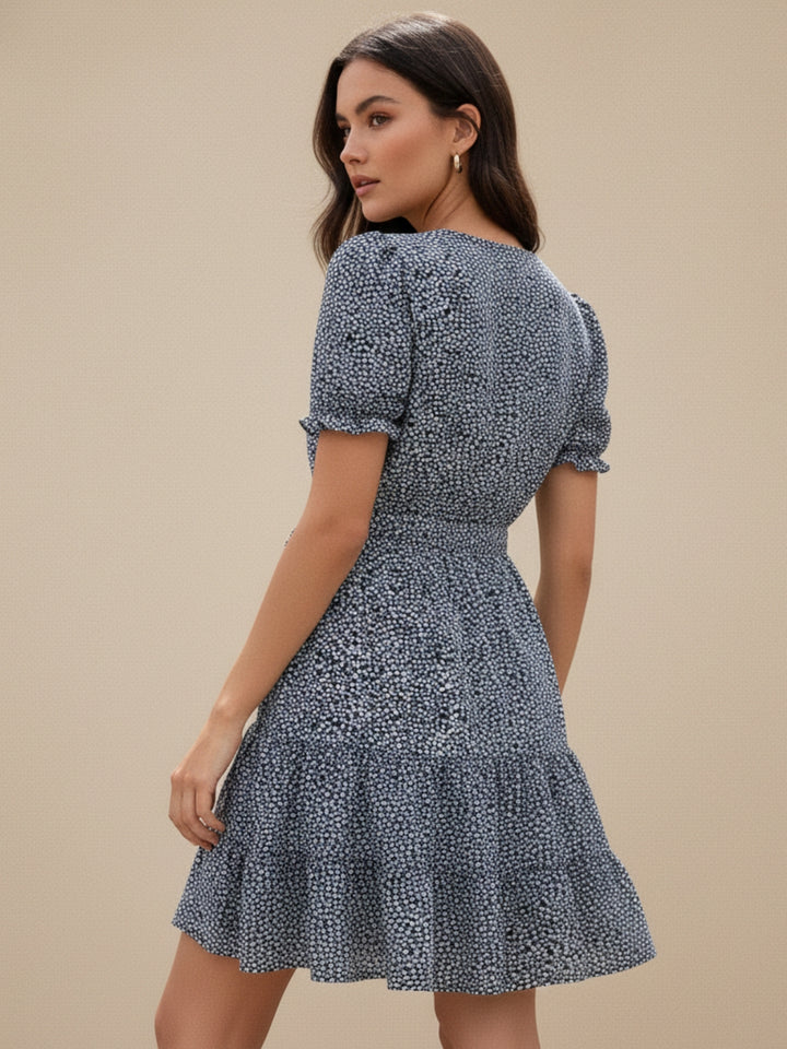 Blue Puff Sleeve Waist Tie-Up Dress
