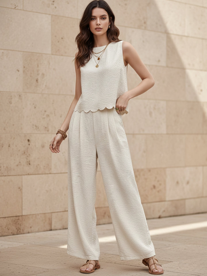 Off White Sleeveless Scallop Hem  Back Tie Top Up And Pant Set