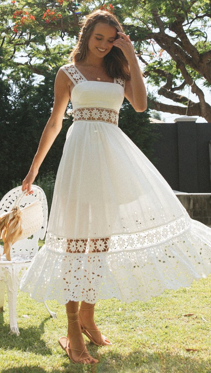 White Lace Inserts Solid Dress