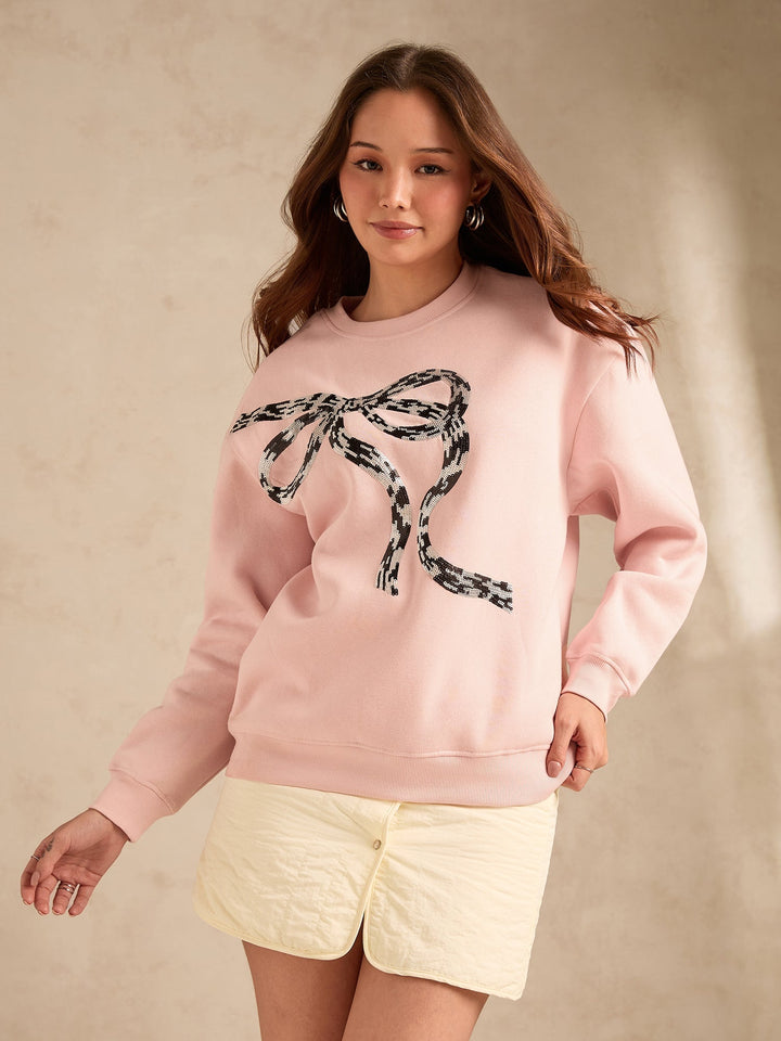 Pink Sequined Bow-Detail Russian Fleece Sweatshirt